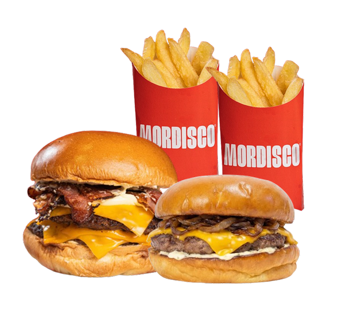 1 Cheese Bacon doble + 1 Cheese Onion + papas